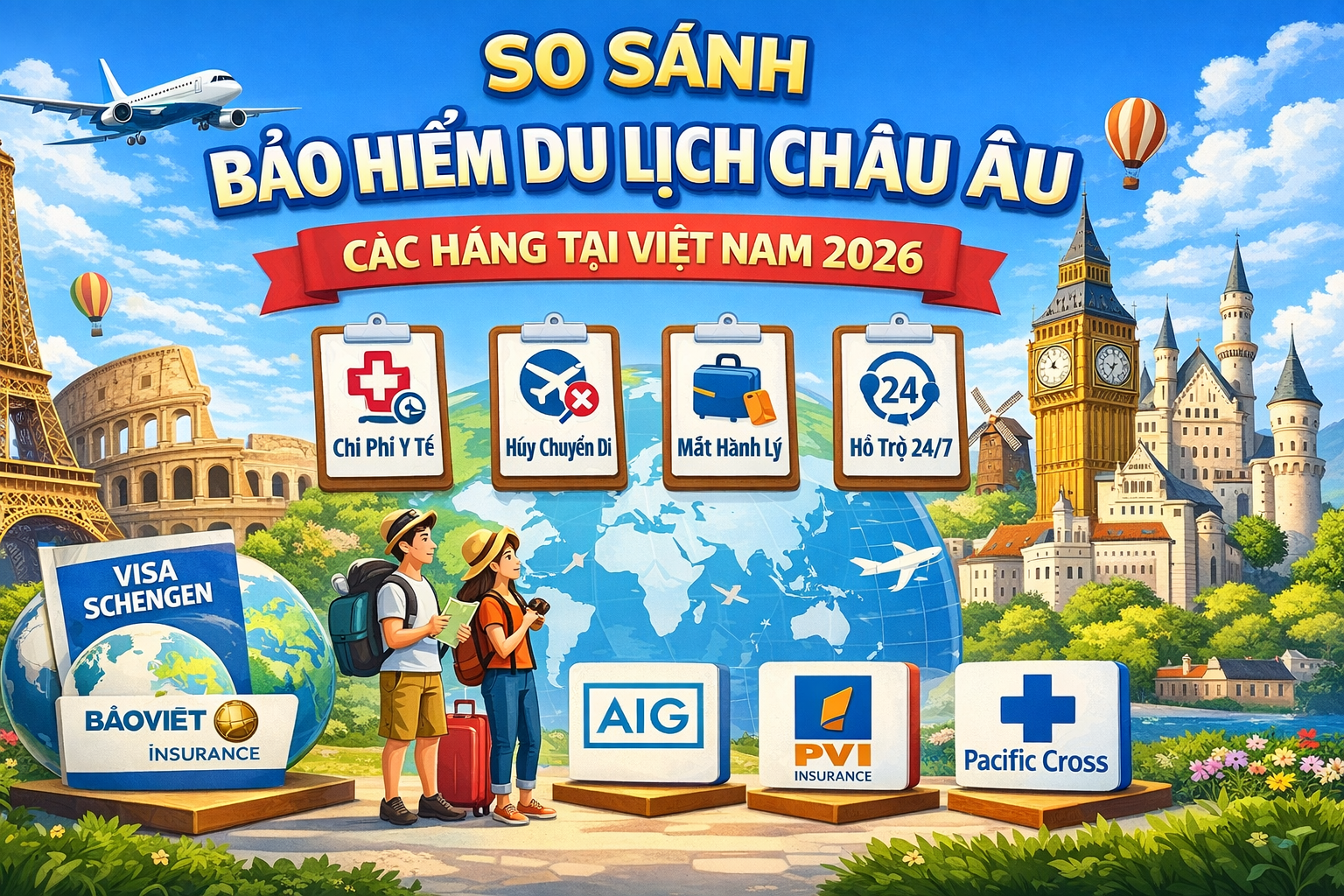 Tạo ảnh 1200x 628 cho nội dung sau: So Sánh Bảo Hiểm Du Lịch Châu Âu Các Hãng Tại Việt Nam 2026